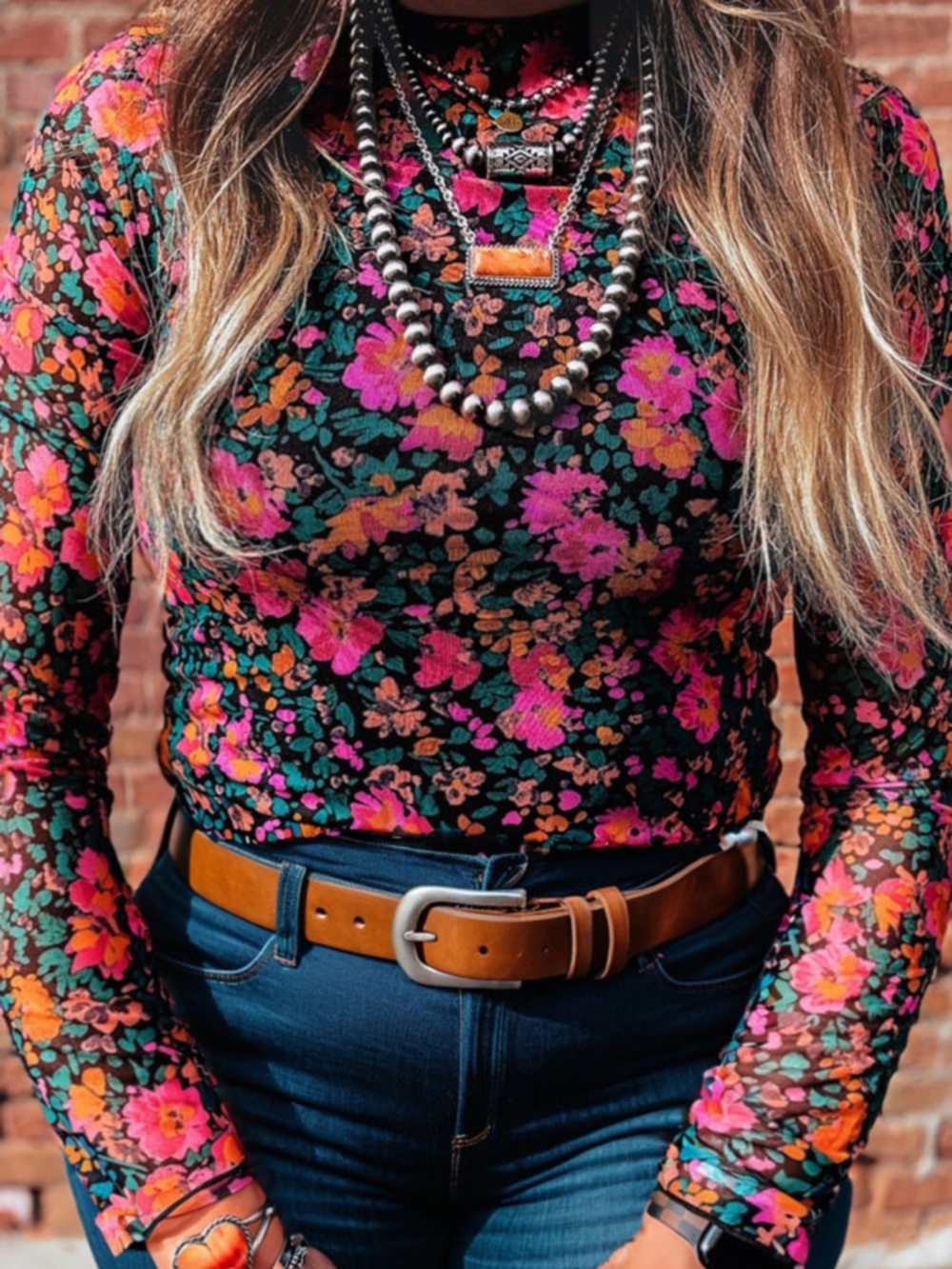 Floral Mesh Long Sleeve Tee - black pink and orange flowered